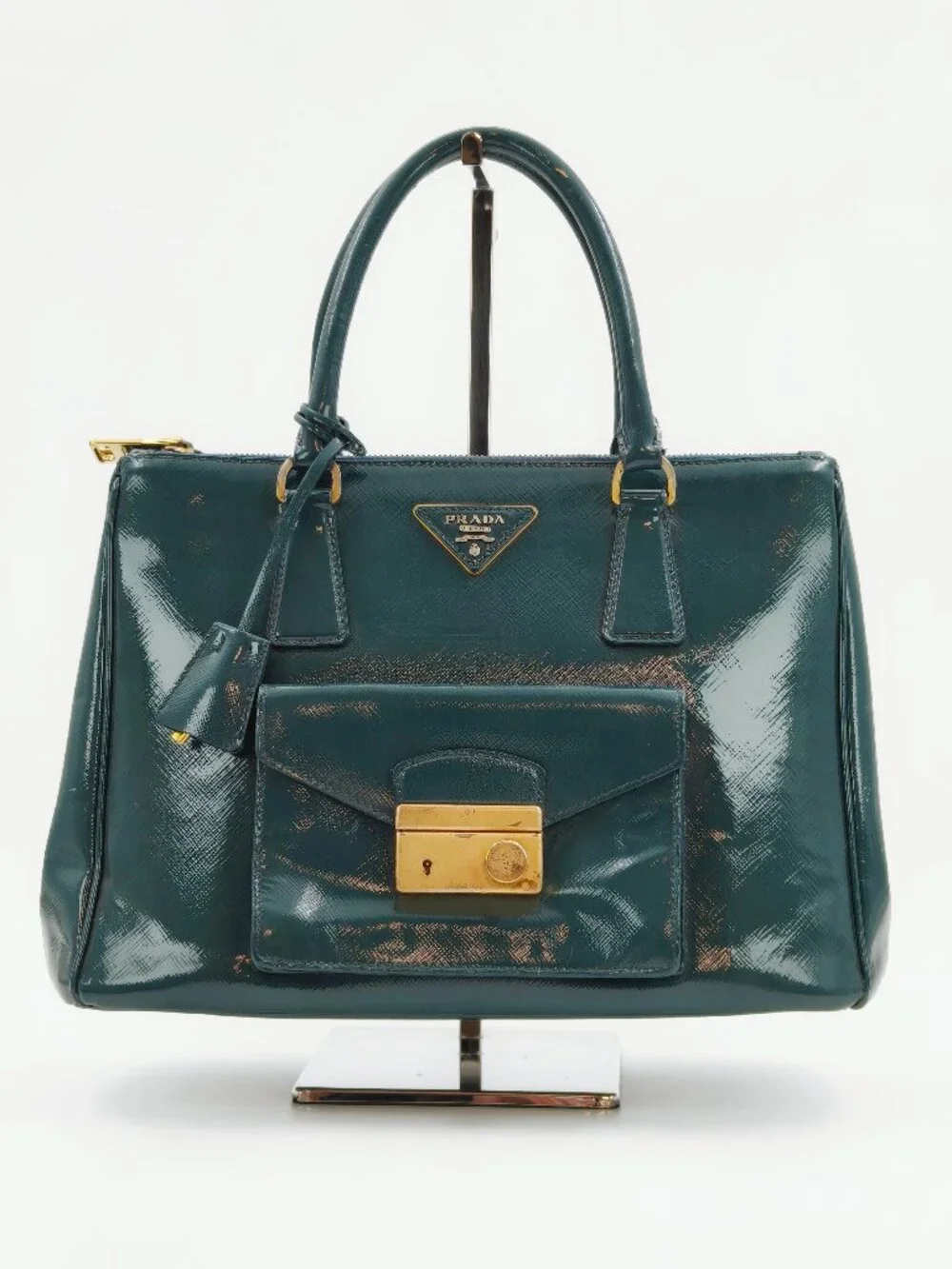 PRADA Vintage Green Saffiano Patent Leather Top Handle Handbag Gold Hardware